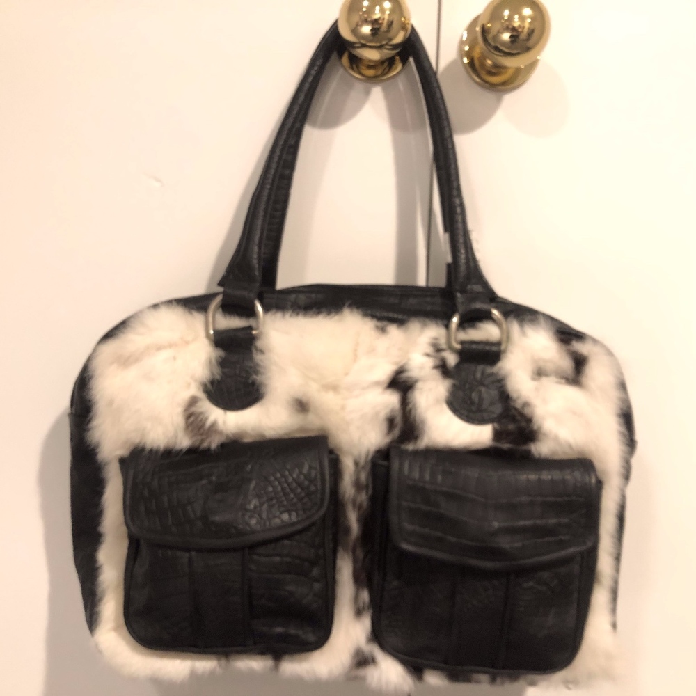 Elena Girardi black Italian leather handbag w/ fur